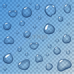 水滴在透明的蓝色背景上。