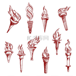 火焰图标图片_中世纪燃烧的火炬草图采用雕刻风