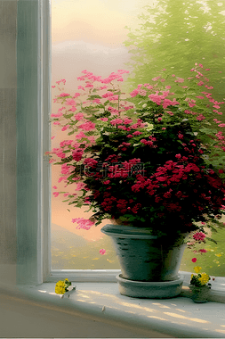 室内窗户墙图片_窗台的花束