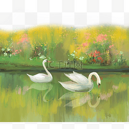 夏至夏天油画草丛湖水天鹅