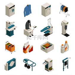 三维元素背景图片_等轴测图标集与各种洗衣清洁设备