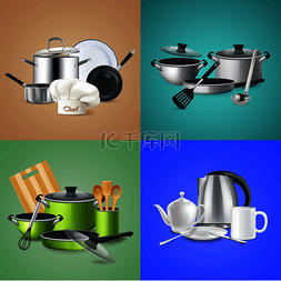 绿色大树树苗茂密图片_逼真的厨房工具设计概念炊具厨师