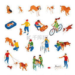 动物设计插图图片_等轴测图标集狗狗和保姆照顾宠物