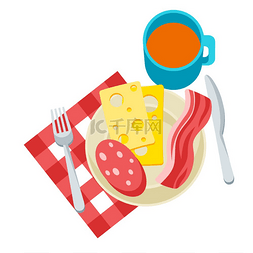 早餐插图美味的培根香肠奶酪和茶