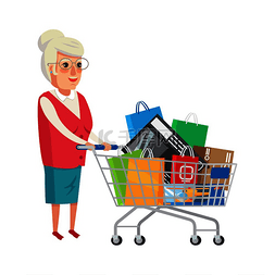 卡通超市手推车图片_祖母微笑着戴着眼镜，老妇人拉着