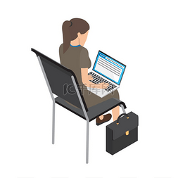 电脑旁边图片_身穿棕色裙子的女商人坐在椅子上