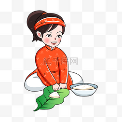 可爱女孩人物插画图片_越南新年春节包粽子橙色女孩形象