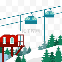 圣诞树叶线条图片_冬季滑雪场景绿色缆车