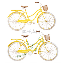 蓝色背景手绘卡通图片_水彩的自行车