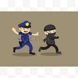 手绘警察图片_警察追小偷矢量卡通插画