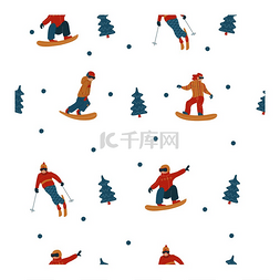 滑雪板背景图片_无缝图案在白色背景上新年快乐矢