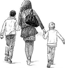 散步素描图片_母亲与她的儿子去散步
