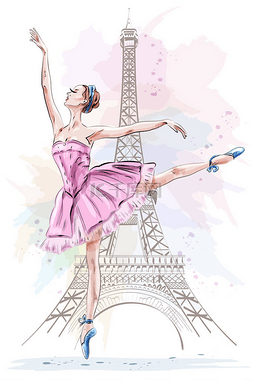 美丽的女孩手绘图片_美丽的芭蕾舞演员在埃菲尔铁塔的