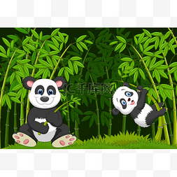 Cartoon mom and baby panda in the climbing ba