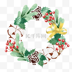 背景绿植装饰图片_红色浆果松果圣诞花环