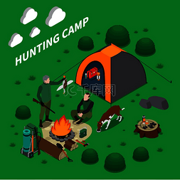 狩猎营地等距构图与男人狗和篝火