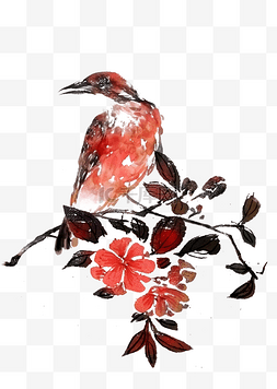 水墨树枝红图片_秋季的红鸟