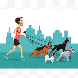 跑团队图片_卡通人跑着他的狗。矢量平面插画