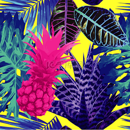 夏威夷热带无缝图片_菠萝粉红色和蓝色的外来植物无缝