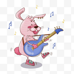 可爱的粉色兔子弹贝斯动物音乐家