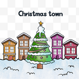 建筑水彩天空图片_水彩风格圣诞小镇大圣诞树