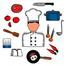 厨房煎牛排图片_厨师职业与穿着制服的厨师被新鲜