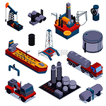 彩色等距石油行业图标集配有卡车仓库和设备矢量图