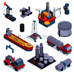图标工业图片_彩色等距石油行业图标集配有卡车