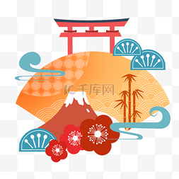 旅游花旗图片_创意鸟居扇子红色富士山