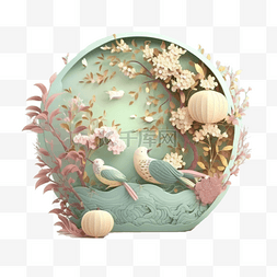 中国风玉石质感浮雕粉彩喜鹊