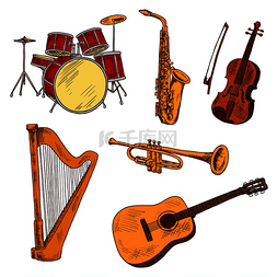 红色吉他背景图片_弦乐、铜管乐器和打击乐器符号，