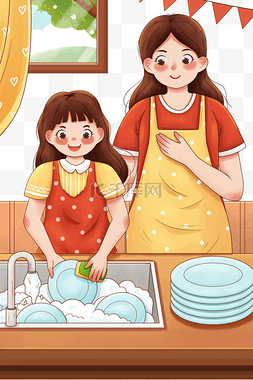 母亲与孩子洗碗