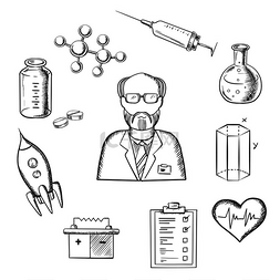 医学实验图标图片_不同的科学素描图标与科学家剪影