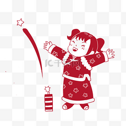 手绘春节剪纸图片_新年小孩放鞭炮手绘卡通元素