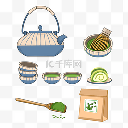 茶叶袋图片_拼色线条花纹的日本茶壶和杯