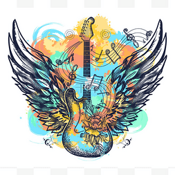 吉他和翅膀纹身水彩画风格。摇滚
