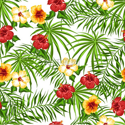 夏威夷热带无缝图片_热带无缝图案棕榈叶和芙蓉花热带