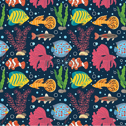 色彩斑斓的鱼图片_水族馆鱼类无缝图案不同品种的五