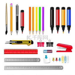 笔和尺子图标图片_文具逼真套装文具分类一套尺子铅