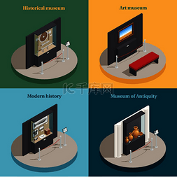 美术馆图标图片_美术馆展示了4个等距图标概念广