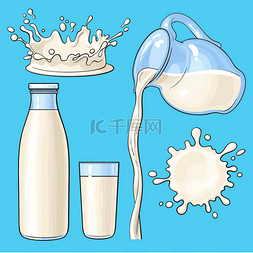 卡通液体牛奶图片_手绘喷溅、 浇牛奶、 瓶、 壶、 