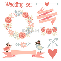 可爱的婚礼元素设置与花、 花圈