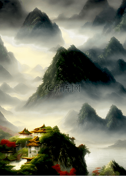 窗户风景画图片_水墨国画山中的古建筑