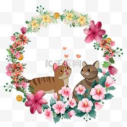 可爱情侣棕色猫的花卉花环