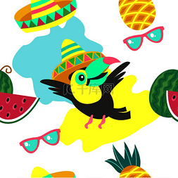 夏威夷水果图片_无缝图案快乐友好的巨嘴鸟热带背