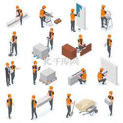 工业设备图标图片_等距建筑工人、建筑工人和工程师