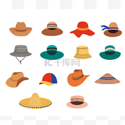 A collection of summer headgear. Vector flat 