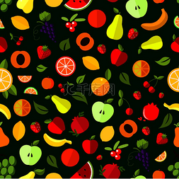 水果西瓜苹果草莓图片_新鲜浆果和水果的无缝图案以苹果