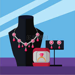 红色珠宝盒图片_珠宝套装项链、戒指和耳环被隔离