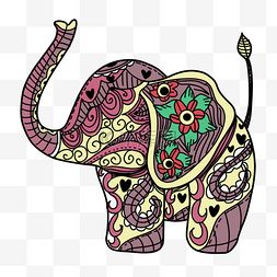 禅绕图案图片_彩色侧面大象印度禅绕画象头神